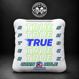 Aftershock true true neon green and blue with blue carpet Aftershock cornhole bag mockup design 2