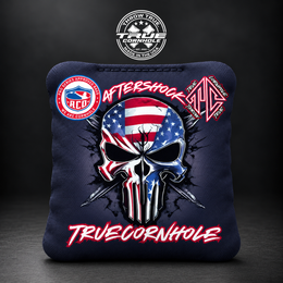 Aftershock skull red white blue w/blue carpet Aftershock cornhole bag mockup design 15