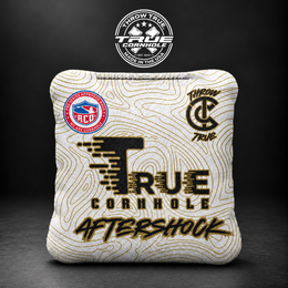 Aftershock white/gold fingerprint w/white carpet Aftershock cornhole bag mockup design 17