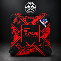 Aftershock red/black x pattern with red carpet Aftershock cornhole bag mockup design 19