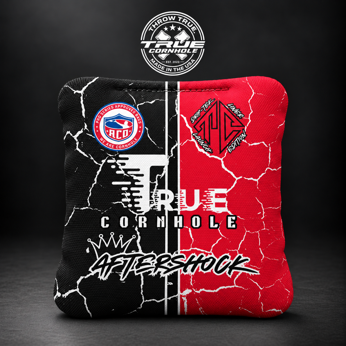 Aftershock red/black Aftershock cornhole bag mockup