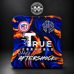 Blue orange flames Aftershock cornhole bag mockup design 36