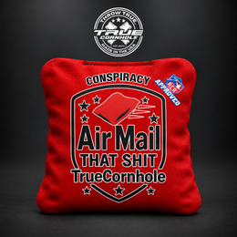 True Cornhole Conspiracy air mail black red bag mockup design 9