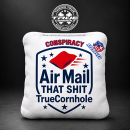 True Cornhole Conspiracy air mail red white blue bag mockup design 8