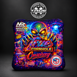 True Cornhole Conspiracy alien holding fluorescent bag mockup design 2