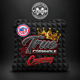 True Cornhole Conspiracy carbon red black bag mockup design 3