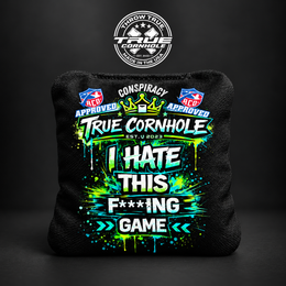 True Cornhole Conspiracy green hate this game bag mockup design 4