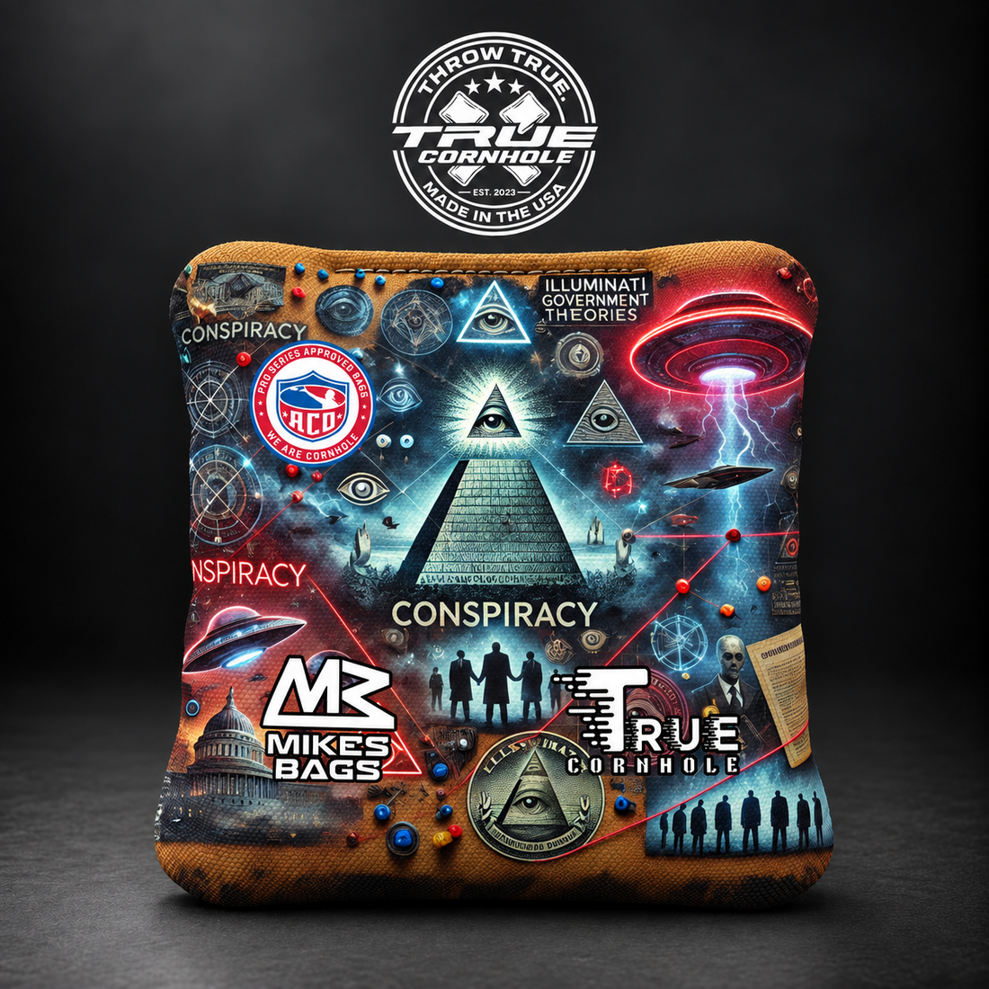 True Cornhole Conspiracy illuminati collage bag mockup