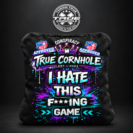 True Cornhole Conspiracy purple hate this game bag mockup design 5