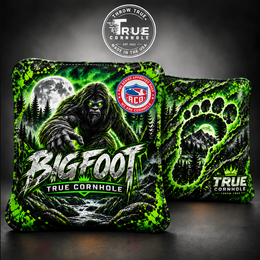 True Cornhole Bigfoot Black Green front and back studio mockup with ACO stamp on front right design 1