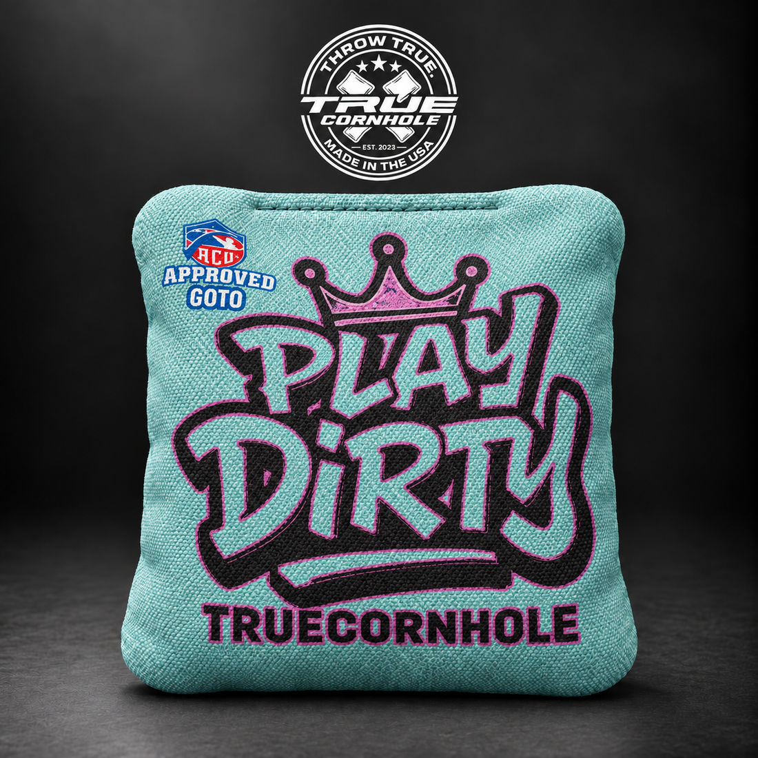 True Cornhole GoTo GOTO Play Dirty Light Teal bag mockup