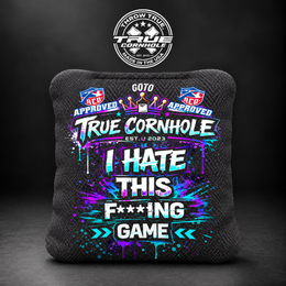 True Cornhole GoTo GOTO PURPLE HATE THIS GAME bag mockup design 2