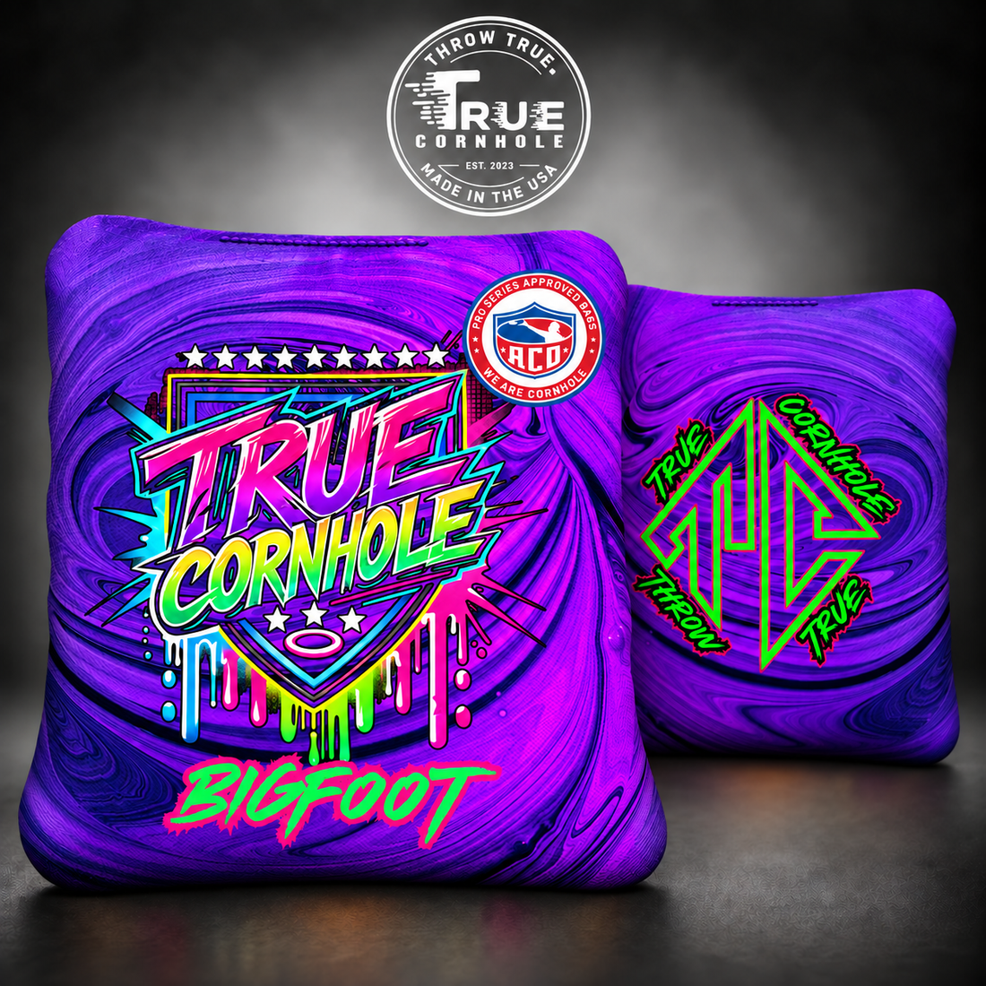 True Cornhole Bigfoot Purple Swirl front and back bag mock-up