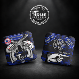 True Cornhole Hole Seeker Blue Guns and Cards front and back bag mock-up design 1