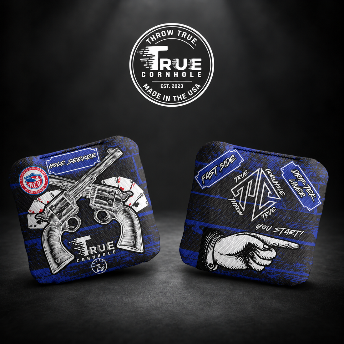 True Cornhole Hole Seeker Blue Guns and Cards front and back bag mock-up