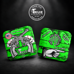 True Cornhole Hole Seeker Green Guns and Cards front and back bag mock-up design 7