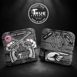 True Cornhole Hole Seeker Grey Guns and Cards front and back bag mock-up design 4