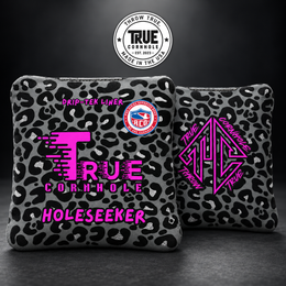 True Cornhole Hole Seeker Leopard Print Pink Grey Black front and back bag mock-up design 14