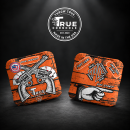 True Cornhole Hole Seeker Orange Guns and Cards front and back bag mock-up design 6