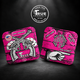 True Cornhole Hole Seeker Pink Guns and Cards front and back bag mock-up design 5