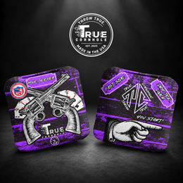 True Cornhole Hole Seeker Purple Guns and Cards front and back bag mock-up design 3
