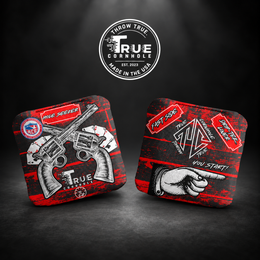 True Cornhole Hole Seeker Red Guns and Cards front and back bag mock-up design 2