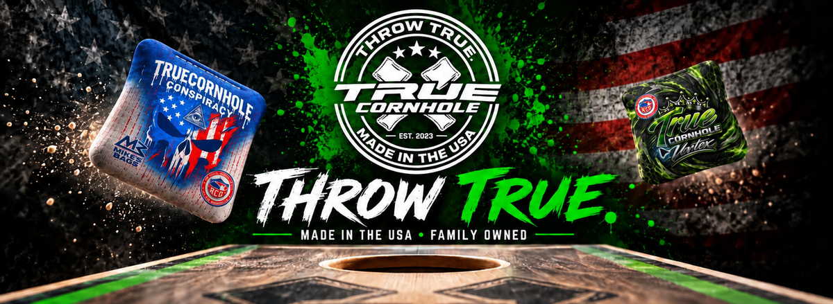 True Cornhole hero with Conspiracy Punisher Skull and Vortex bags, smooth left bag edge