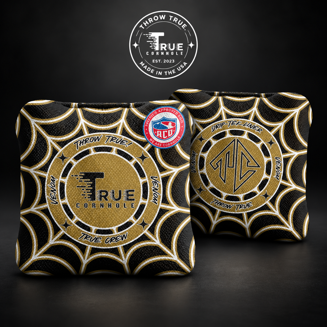 True Cornhole Venom Black Gold Web front and back bag mock-up